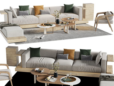 日式实木多人沙发、沙发凳和茶几组合