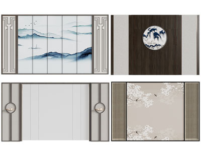 新中式背景墙3d模型 新中式背景墙