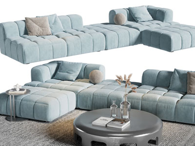 现代蓝色布艺多人、茶几组合