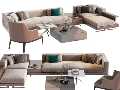 现代转角多人沙发、休闲椅子和茶几组合
