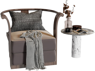 新中式单人沙发、边几3d模型 新中式单人沙发、边几