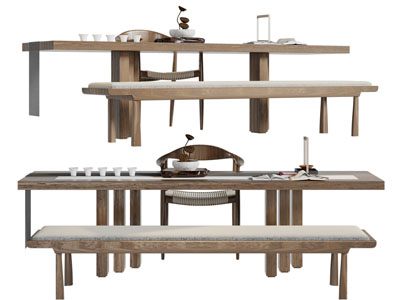 新中式实木茶桌长凳、椅组合