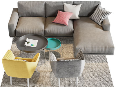 现代转角多人沙发、休闲椅子和茶几组合