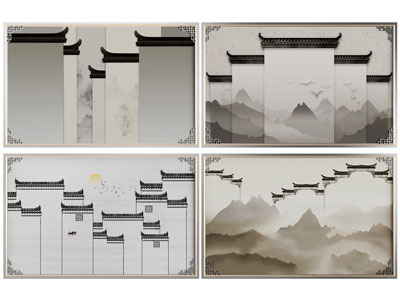 新中式背景墙3d模型 新中式背景墙