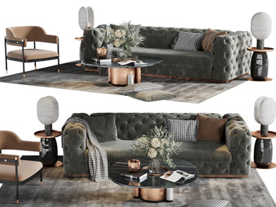 现代轻奢多人沙发、休闲椅子和茶几组合