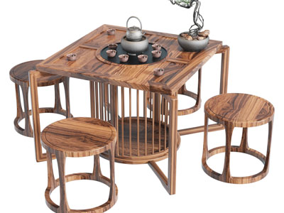 新中式实木方形茶桌、圆凳组合