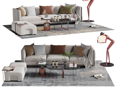 现代多人沙发、沙发凳和茶几组合