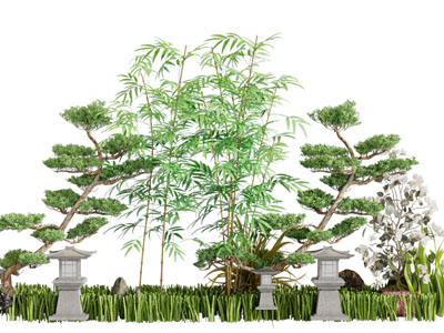 新中式竹子、松树景观园艺小品