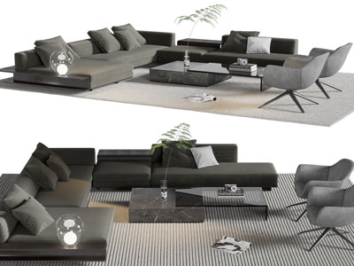 现代转角多人沙发、休闲椅子和茶几组合