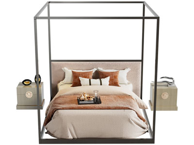 新中式带床帏支架的双人床、床头柜