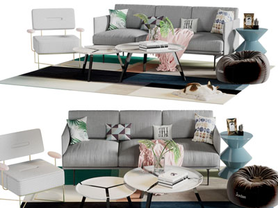 现代布艺多人沙发、休闲椅子和茶几组合