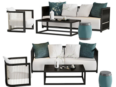 新中式多人、单人沙发和茶几组合