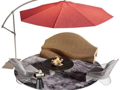 现代户外遮阳伞、异形沙发、休闲椅子和茶几组合