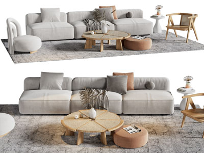 侘寂风多人沙发、休闲椅子和茶几组合