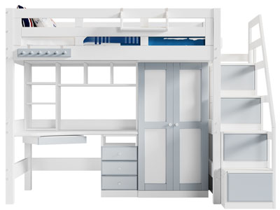 现代带衣柜书桌的上下床