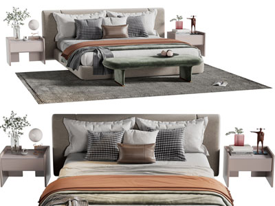 现代双人床、床头柜