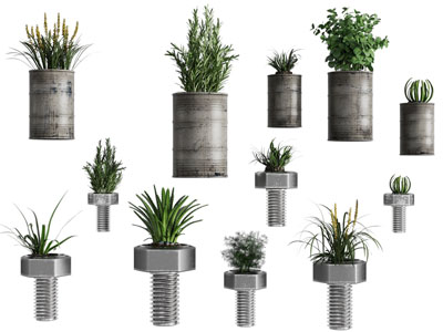 工业loft螺丝钉、油桶造的花盆盆栽植物
