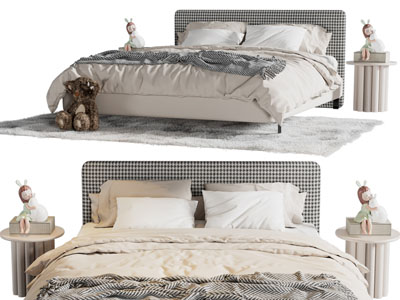 现代方格布艺双人床、床头柜