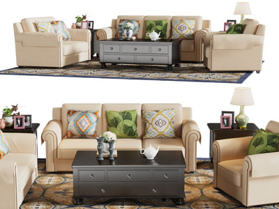 美式多人、单人沙发和茶几组合