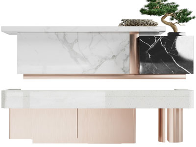 新中式前台接待台、松树盆景