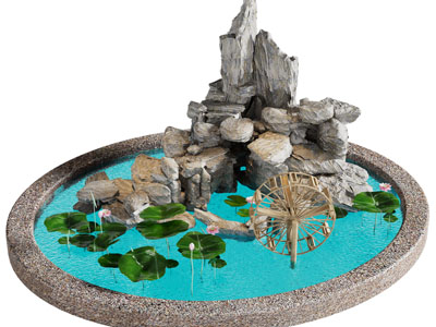 新中式圆形水池、假山景观园艺小品