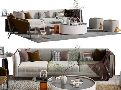 现代多人沙发、休闲椅子和茶几组合
