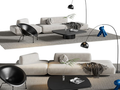 现代布艺多人沙发、落地灯和茶几组合