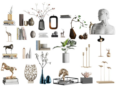 现代花瓶花卉、书籍和雕塑雕刻摆件组合