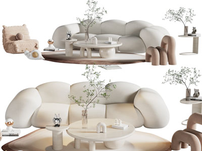 侘寂风多人沙发、懒人沙发和茶几组合