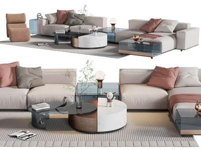 现代布艺转角多人沙发、休闲椅子和茶几组合