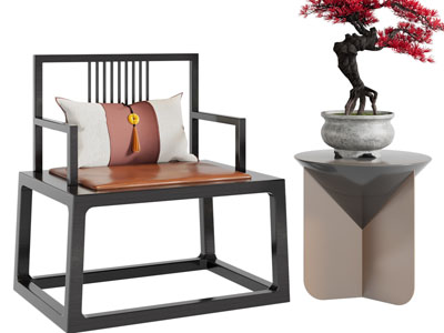 新中式扶手椅、休闲椅子、边几