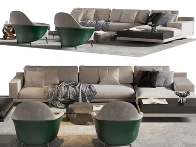 现代转角多人、单人沙发和茶几组合