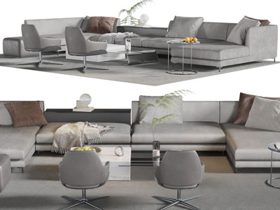 现代转角多人沙发、休闲椅子和茶几组合