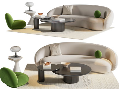 现代弧形沙发、休闲椅子和茶几组合