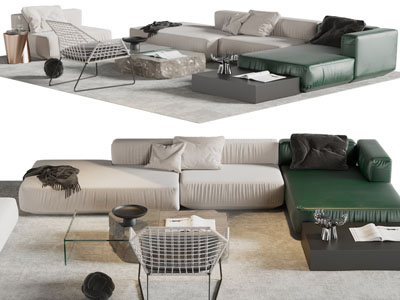 现代转角多人沙发、休闲椅子和茶几组合