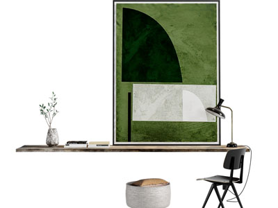 现代隔板书桌椅组合、装饰画