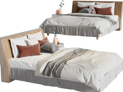 现代实木双人床、床头柜