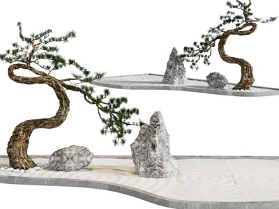 新中式松树、石头景观园艺小品