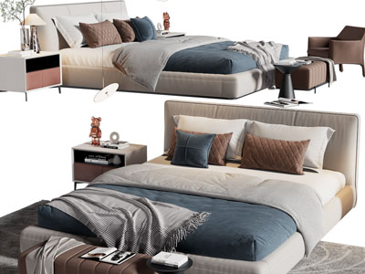 现代布艺双人床、床头柜