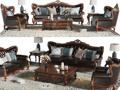 欧式实木雕花边框多人、双人和单人沙发、茶几组合
