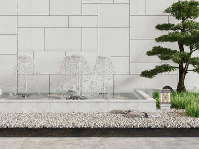 新中式水景、松树石子景观园艺小品