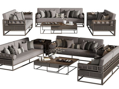 新中式多人沙发和茶几组合