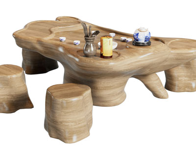 新中式根雕茶桌、茶凳组合