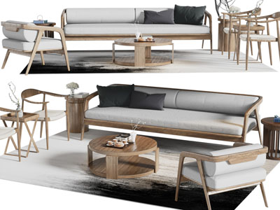 新中式多人沙发、休闲椅子和茶几组合