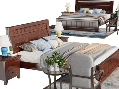 现代实木双人床、床头柜