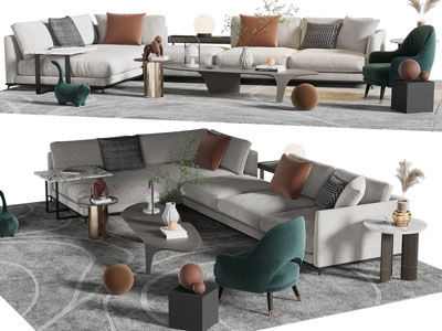 现代布艺转角多人沙发、休闲椅子和茶几组合