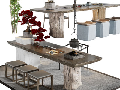 新中式实木长方形茶桌椅组合