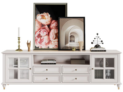 美式白色实木电视柜、摆件组合