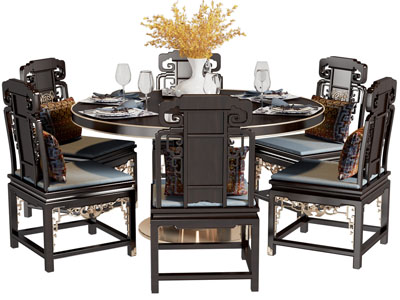 中式雕花木质圆形餐桌椅组合