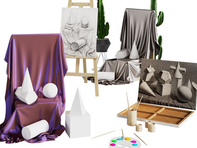 现代石膏几何体、画板画架